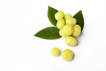 top view fresh Phyllanthus acidus or  star gooseberry with green leaves on white background