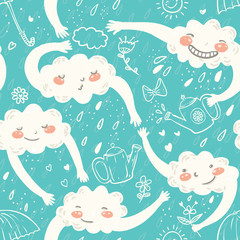 Seamless cute hand-drawn pattern with clouds, watering can,flowers, bow, hearts and rainy dots in cartoon style on blue background. Vector children illustration.