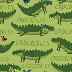 Obraz premium Seamless pattern with funny and cute hand-draw crocodilies,birds