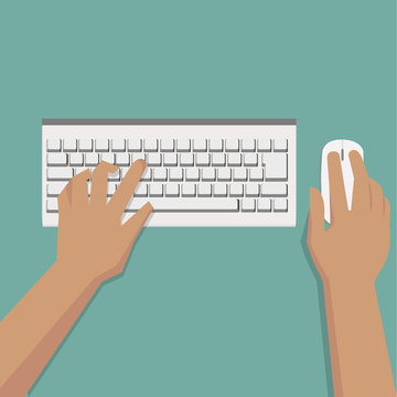 Flat Hands typing on white keyboard with mouse and pastel background vector