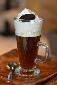 Delicious Hot Viennese Coffee On Glass Cup With Whipped Cream.