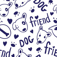 Seamless funny pattern with cute dogs,bones and hearts in blue contour on white background in cartoon style. Vector sketch ilustration.