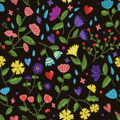 Seamless beauty floral vector pattern on dark background in cartoon style with hearts, drops and berries