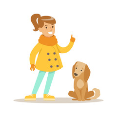 Cute smiling girl walking with her dog outdoor. Colorful cartoon character vector Illustration