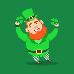 Cute cartoon dwarf Leprechaun with four leaf clovers. Saint Patricks Day colorful character vector