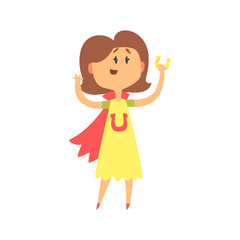 Cute cartoon woman standing and holding horeshoe. Colorful character vector Illustration