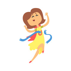 Cute cartoon woman crossing blue finishing line. Colorful character vector Illustration