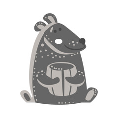 Cute gray teddy bear sitting and holding honey barrel. Funny lovely animal colorful cartoon character vector Illustration