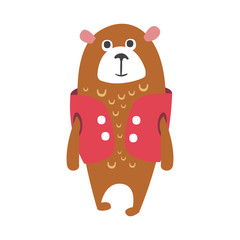 Cute cartoon brown teddy bear in cerise vest standing. Funny lovely animal colorful character vector Illustration