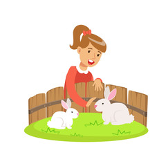 Smiling little girl petting two white rabbits in a mini zoo. Colorful cartoon character vector Illustration