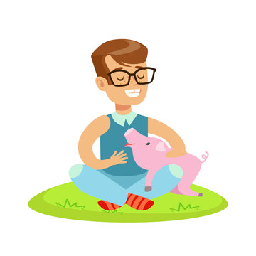 Smiling little boy sitting on green grass and petting small pink pig. Colorful cartoon character vector Illustration
