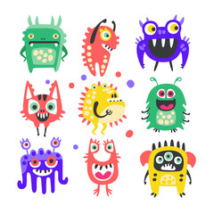 Friendly cartoon funny monsters and aliens set. Colorful collection of cute monsters Illustration
