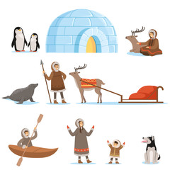 Eskimo characters in traditional clothing and their arctic animals. Life in the far north. Set of colorful cartoon detailed vector Illustrations - obrazy, fototapety, plakaty