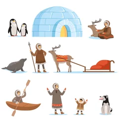 Fotobehang Eskimo characters in traditional clothing and their arctic animals. Life in the far north. Set of colorful cartoon detailed vector Illustrations © topvectors