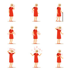 Elderly woman diseases, pain problem in back, neck, arm, heart, knee and head. Senior health set of colorful cartoon characters detailed vector Illustrations
