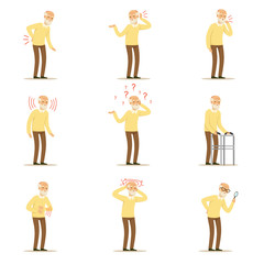 Elderly man diseases, pain problem in back, neck, arm, heart, knee and head. Senior health set of colorful cartoon characters detailed vector Illustrations