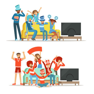 Group of friends watching sports on TV and celebrating victory at home. People dressed in red and blue, supporting their favorite sports team, colorful Illustrations