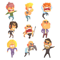 Angry furious men set for label design. Colorful cartoon detailed vector Illustrations