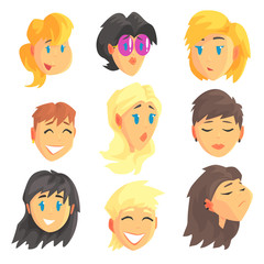 Cartoon avatar female faces with different emotions. Set of women from different nations and professions, colorful Illustrations