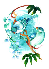 Teal watercolor birds on branch with flowers, on blue texture