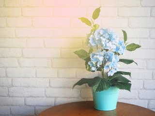 Vintage hydrangea flower pot on table and white brick wall