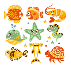 Cartoon underwater world with fish, plants, marine life. Underwater world set of colorful characters vector Illustrations