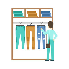 Man shopping for clothes at clothing store, colorful vector illustration