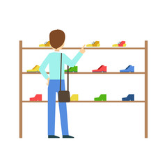 Man buying shoes in a shoe store, colorful vector illustration