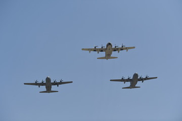 Synchronized flight of 3 military aircraft in the team during Israeli 69st independent day