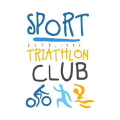 Fototapeta premium Sport triathlon club logo. Colorful hand drawn illustration