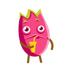 Fototapeta premium Cute cartoon happy dragon fruit drinking fruit juice from cup. Colorful character vector Illustration