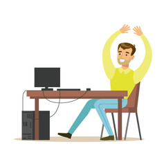 Cheerful man sitting at the office table raising hands, colorful character vector Illustration