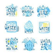 Natural water set for label design. Colorful hand drawn illustrations