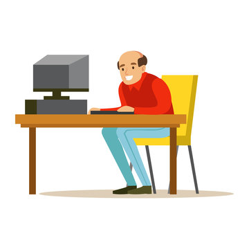 Smiling bald man working on a computer at his office desk, colorful character vector Illustration