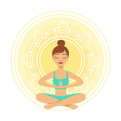 Obraz na płótnie Canvas Young yoga woman meditating in the lotus position with praying hands, colorful character vector Illustration