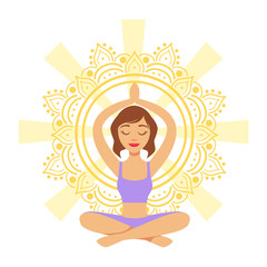 Meditating yogi girl in yoga lotus pose, colorful character vector Illustration