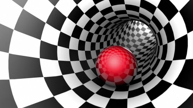 Red ball in a chess tunnel (chess metaphor). The space and time. Cyclical 3D animation. Available in high-resolution and several sizes to fit the needs of your project. Seamless Looping