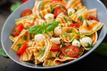 Pasta colored farfalle salad with tomatoes, mozzarella and basil.