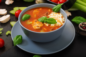 Thick tomato soup with minced beef, mushrooms and celery.