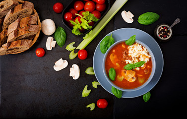 Thick tomato soup with minced beef, mushrooms and celery. Flat lay. Top view