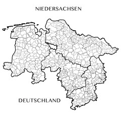 Detailed map of the State of Lower Saxony (Germany) with borders of municipalities, municipalities associations, districts, and state. Vector illustration