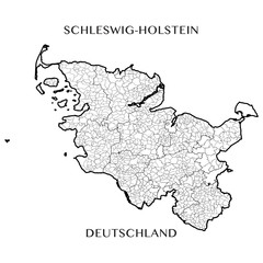 Detailed map of the State of Schleswig Holstein (Germany) with borders of municipalities, municipalities associations, districts, and state. Vector illustration