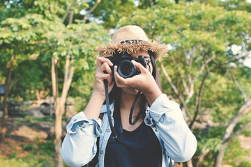 Fototapeta premium Hipster women travel in nature concept backpacker on holiday