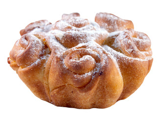 Flower-shaped cake with powdered sugar on a white background