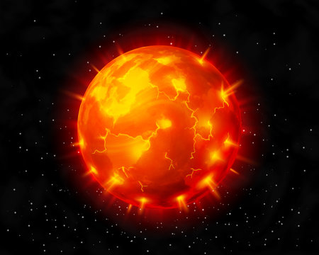 Vector red burning star before explosion on cosmic background