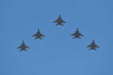 Synchronized flight of 5 military aircraft's F-15 in the team during Israeli 69st independent day