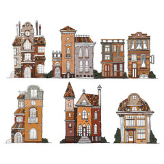 Set of hand drawn vintage homes. Vector collection of sketch famous buildings.