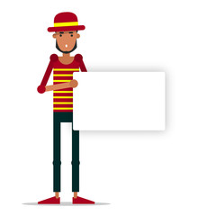 A young guy in fashionable clothes with a message board.  Vector illustration isolated on white background.