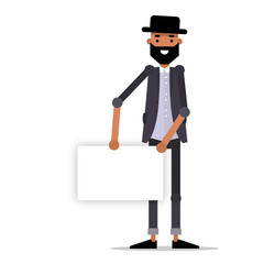 A young guy in fashionable clothes with a message board.  Vector illustration isolated on white background.