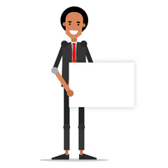 A young guy in fashionable clothes with a message board.  Vector illustration isolated on white background.